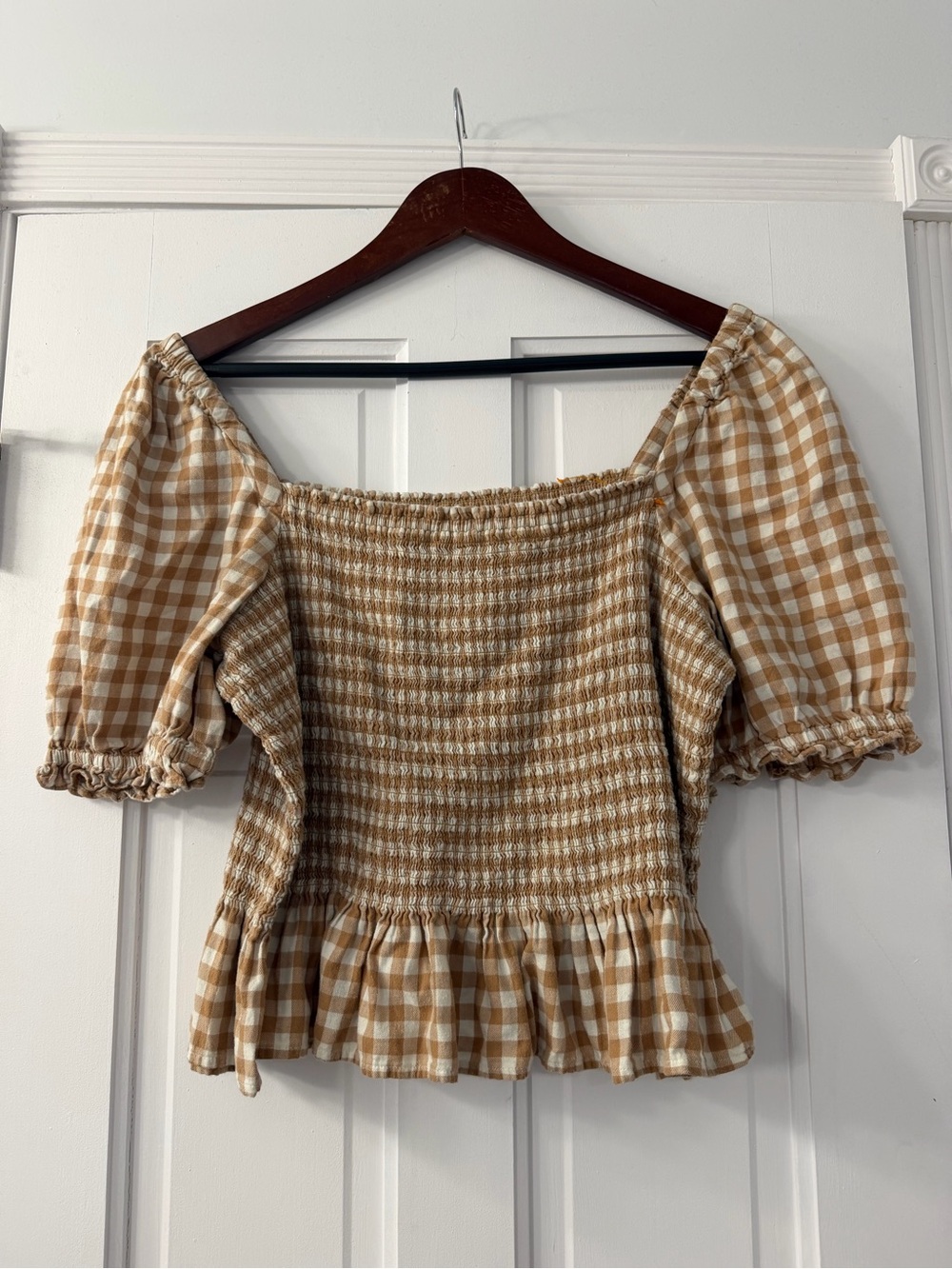 J. Crew Beige Gingham Smocked Puff Sleeve Top